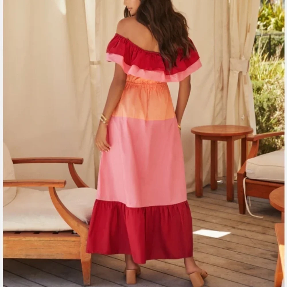 English Factory Pink, Orange, Red Off the Shoulder Maxi Dress